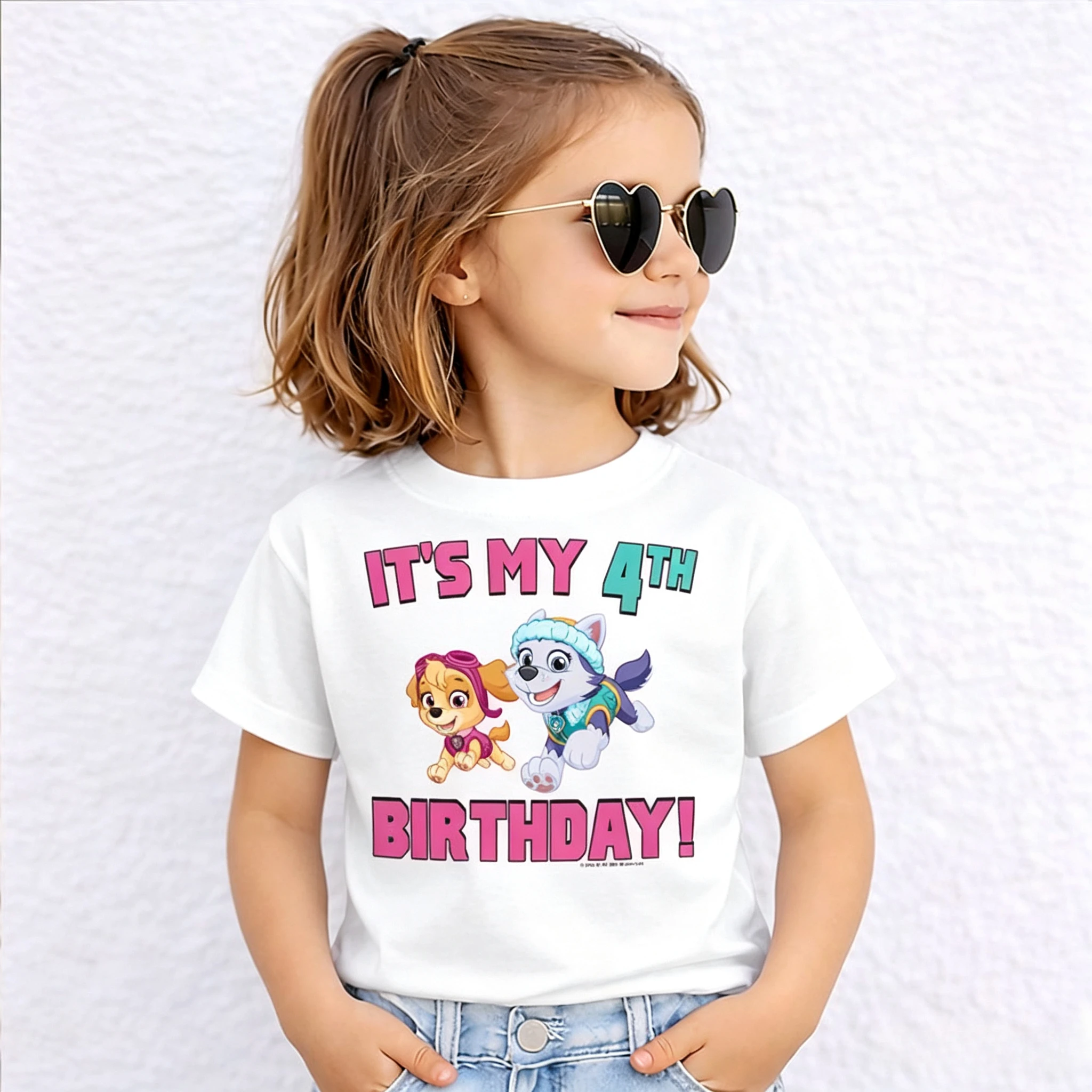 Cartoon PAW Patrol Ruff Ruff Look Who's 4 Kids T‑Shirt 4th Birthday Graphic Print Boys Girls Short Sleeve Tops Children Birthday