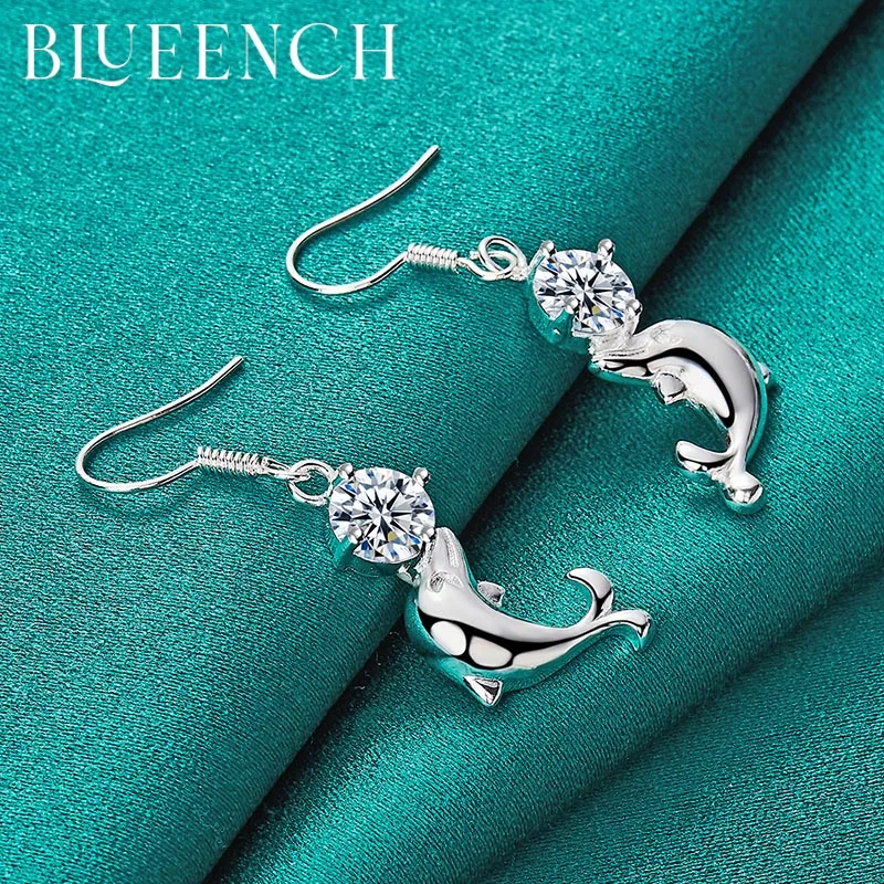 Blueench 925 Sterling Silver Zircon Dolphin Earrings for Women Engagement Wedding party Fashion Charm Jewelry