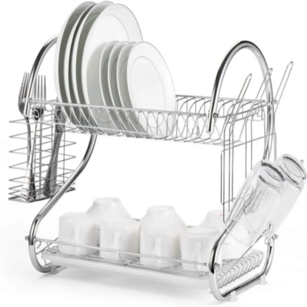 2 Tier Dish Drainer Rack With Drip Tray Kitchen Drying Rack Bowl Plate Holder UK