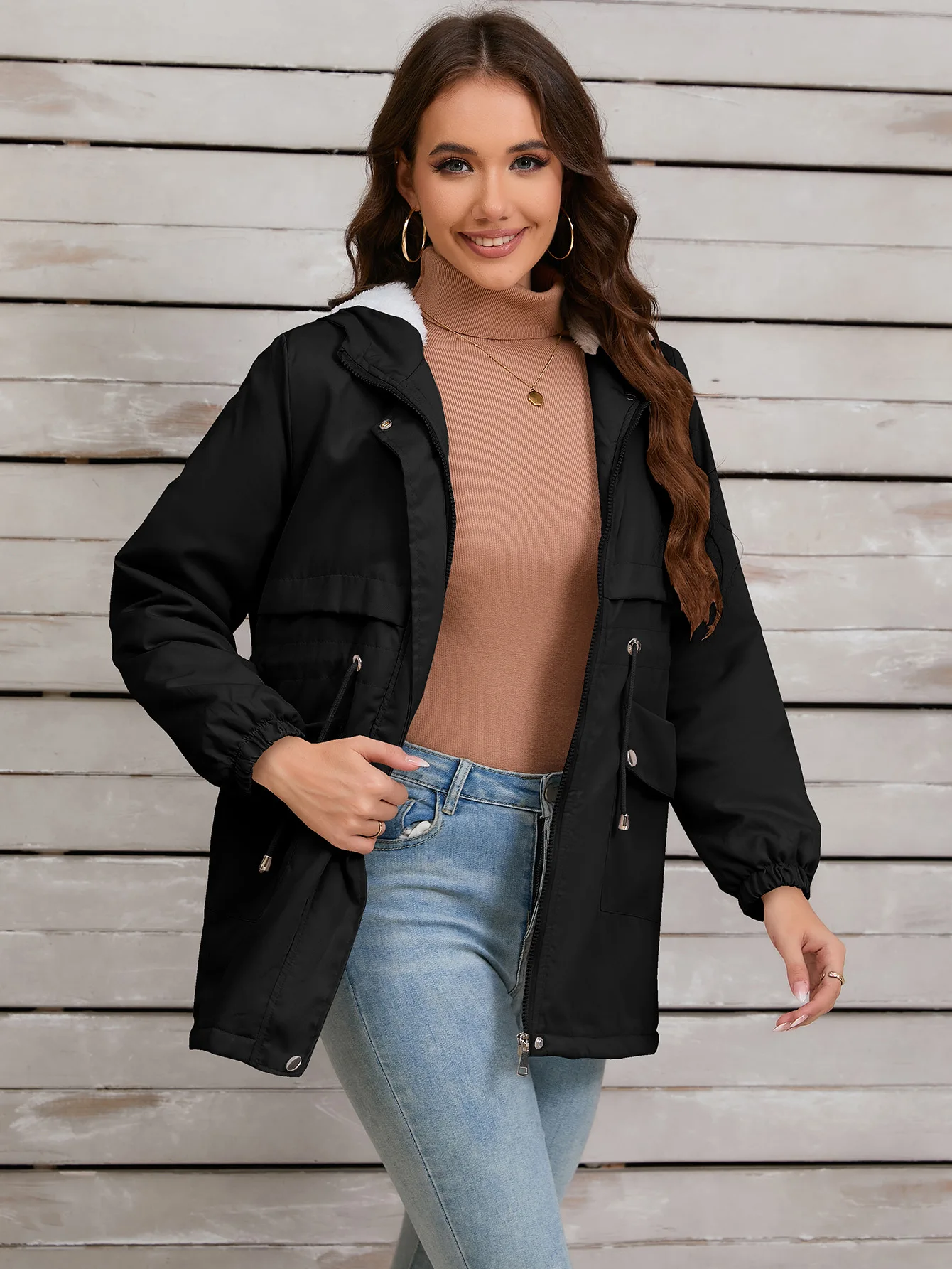 Women's Autumn and Winter New Fashion Fleecing Casual Loose Zipper Coat with Hood, Solid Color Warm Thickening Charge Jacket