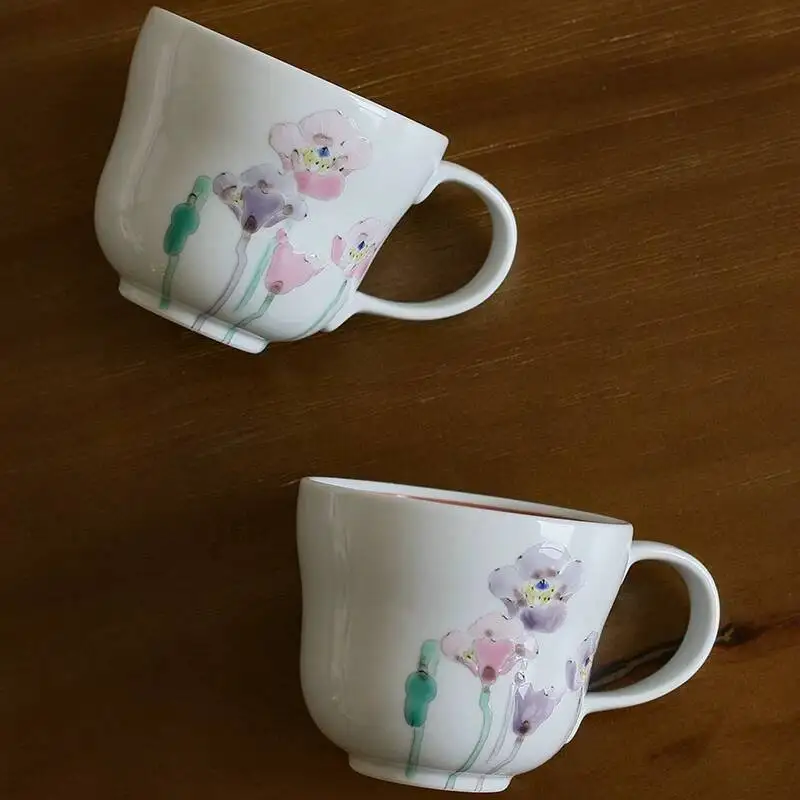 Japanese Pottery Artist Yamaguchi Takashi's Hand-Painted Floral Couple Mugs, Kutani Ware Original Imported Gift Box Set