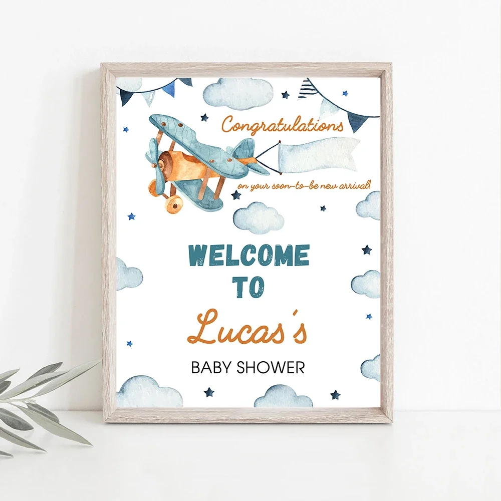 Airplane Baby Shower Birthday Welcome Sign Poster Custom Art Print Personalized Canvas Painting Baptism Wall Picture Party Decor