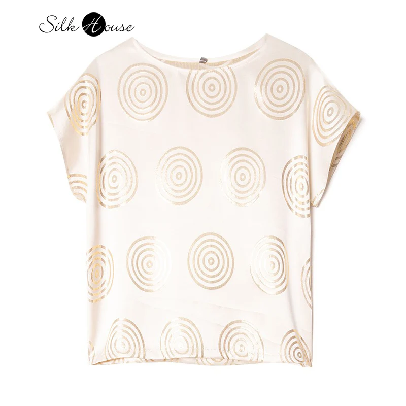 Fashionable Retro Versatile Rice Bottom Gold Wire Circle 78.6% Natural Mulberry Silk Women's Round Neck Short Sleeved T-shirt