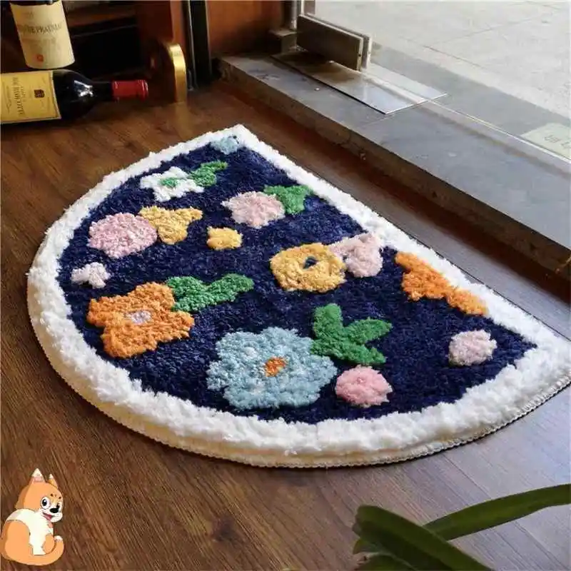 Cartoon Floor Mat For Bedroom, Bathroom, Ins Style, Absorbent And Anti Slip, Half Circle Foot Mat For Enter