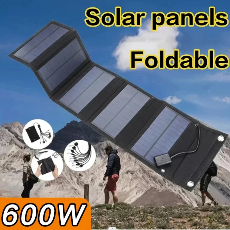 600W Foldable Solar Panel Phone Charger 5V Solar Panels Plate USB  Solar Panels Power Bank for Cell Phone Camping Emergency