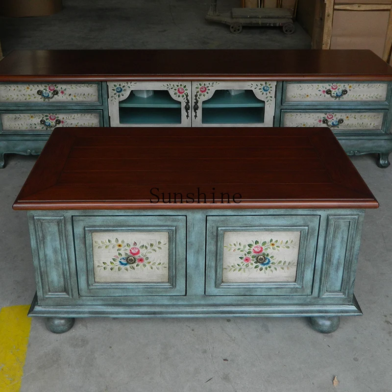 European and American Mediterranean four-draw coffee table antique painted household square coffee table