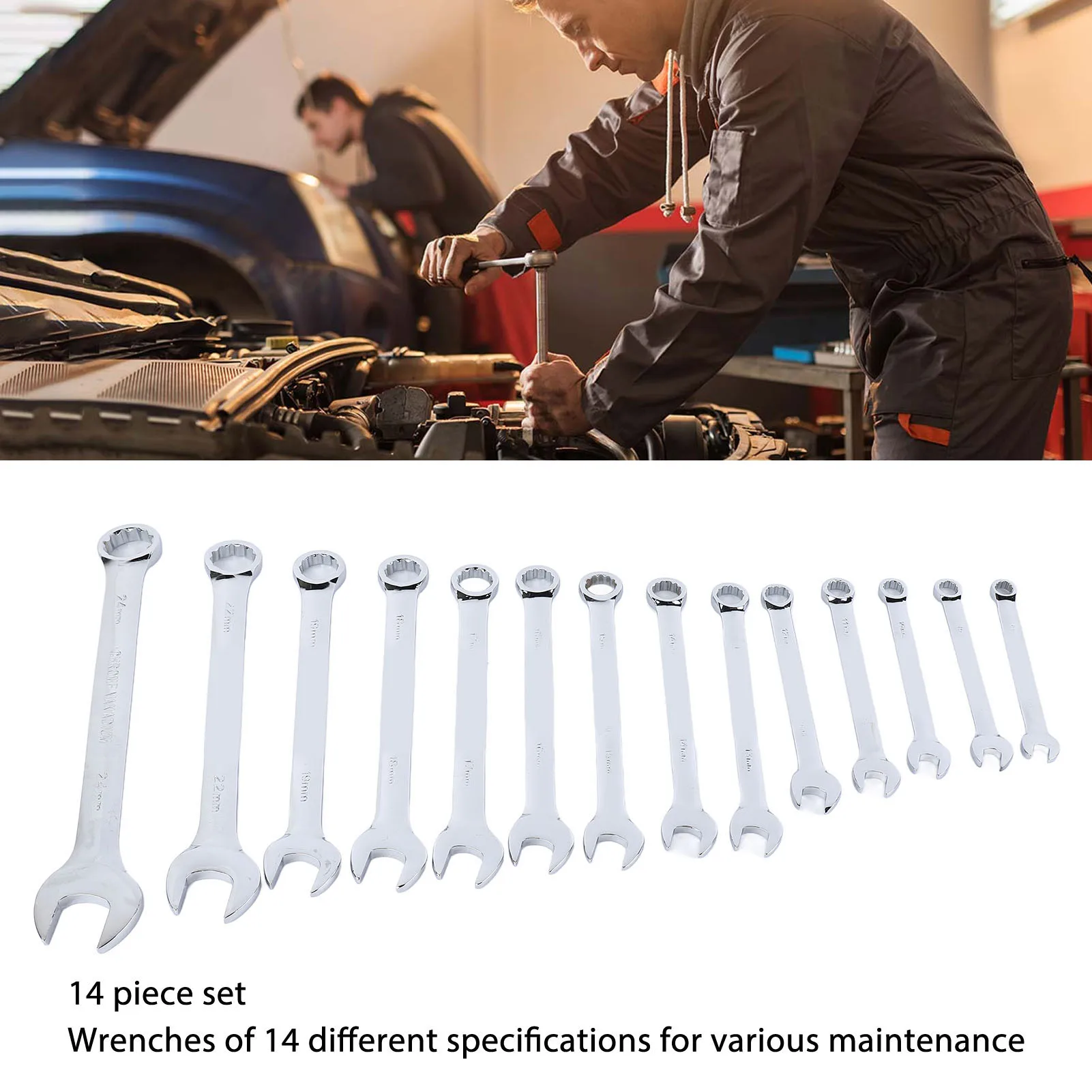 14Pcs Alloy Wrench Set Combination Wrench Set Steel Alloy Mirror Finish Strong Strength Wrench Kit for Repair Maintenance Wrench