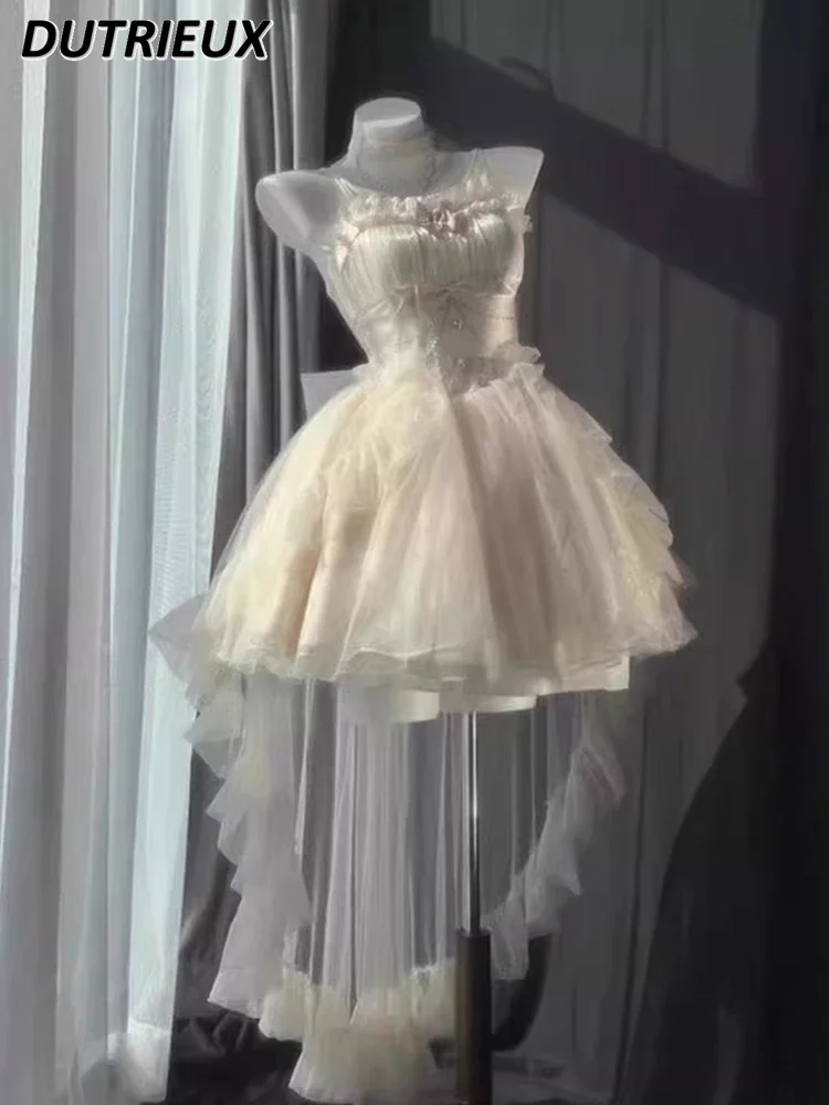

Lolita Cute Sweet Girls Trailing Summer Tutu Short Dresses Generated Color Neck Lace-up High Waist Slimming Princess Dress
