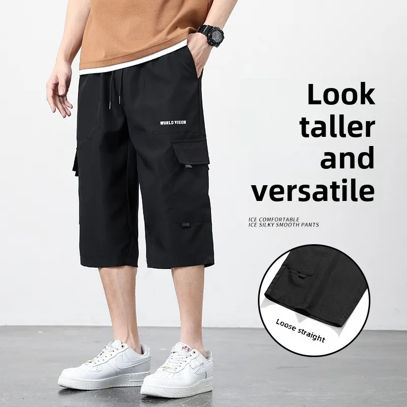 

Men's Workwear Seven quarter pants Men's Loose Casual Big Pockets Drawstring Cargo Mens Shorts Man Summer Fashion Shorts