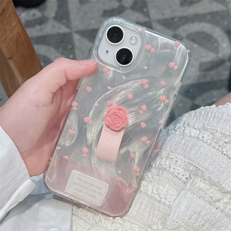 Funda de teléfono con diseño de muselina plateada con personalidad, soporte de anillo de flores, fundas de protección para iPhone 15, 14, 13, 12 Pro Max