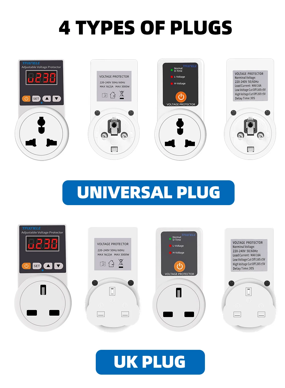 Universal/US/EU/UK Plug Voltage Safe Protector Automatic Voltage Protector Socket AC 220V 16A Adjustable Power Surge Protector