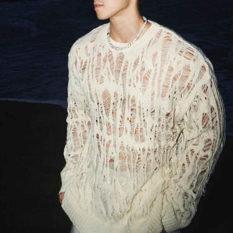 Early Autumn Niche Hollowed Out Loose Knit Sweater Japanese Style Men's  Women's Hole Breaking Lazy Pullover Sweater Trendy Tops