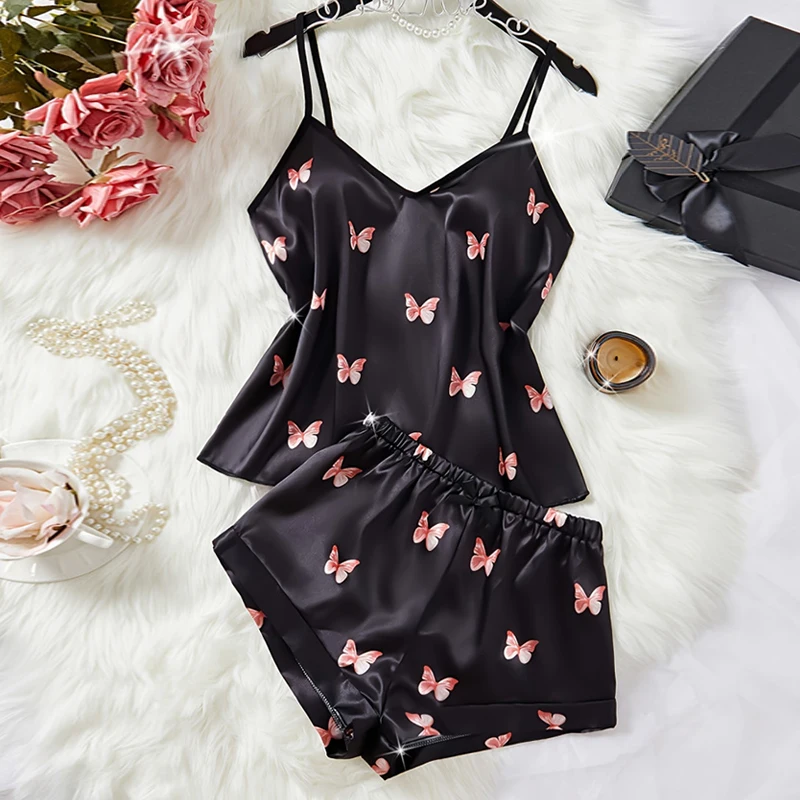 Moda casual casa confortável sexy borboleta colete shorts pijamas conjunto para mulher