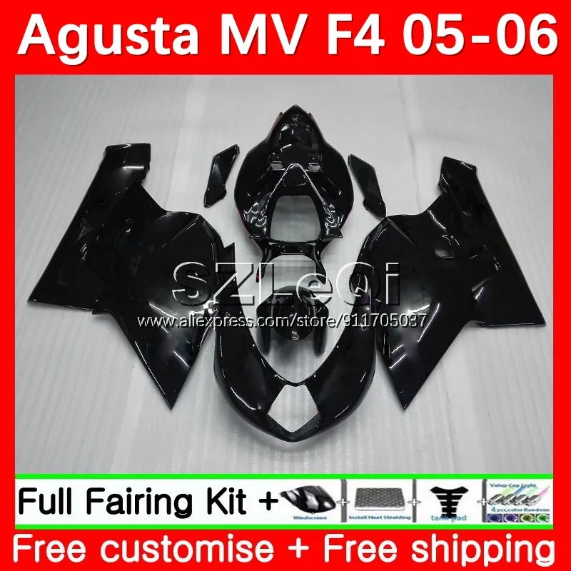 Body + Decal For Agusta MV F4 R312 750S 1000 Glossy black R 750 1000CC 1000R 05 06 20No.5 MVF4 312 1078 1+1 2005 2006 Fairings