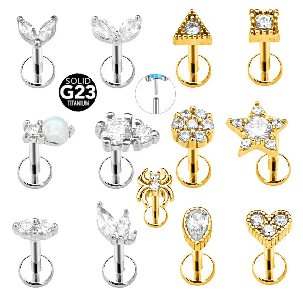 

F136 titanium alloy flat-bottomed triangular ear studs, five-pointed star insert rod lip studs, heart-shaped spider cochlear ear