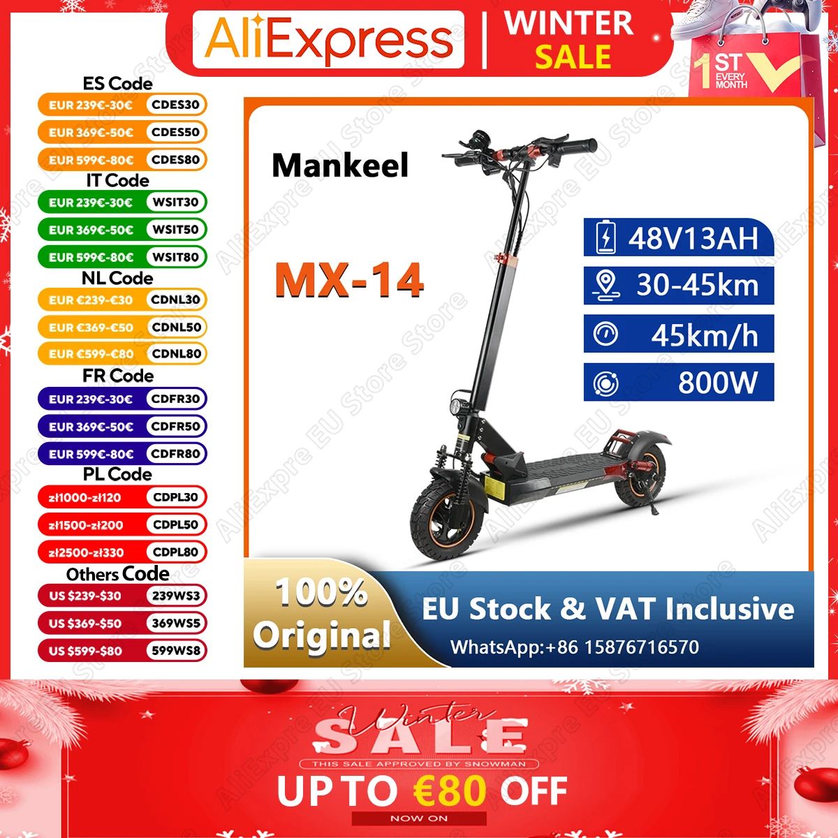 MX-14 EScooters 800W Peak Power 48V13AH Battery Maximum Mileage 45km Off-Road Tire Electric Scooter Adults Foldable E-Scooter