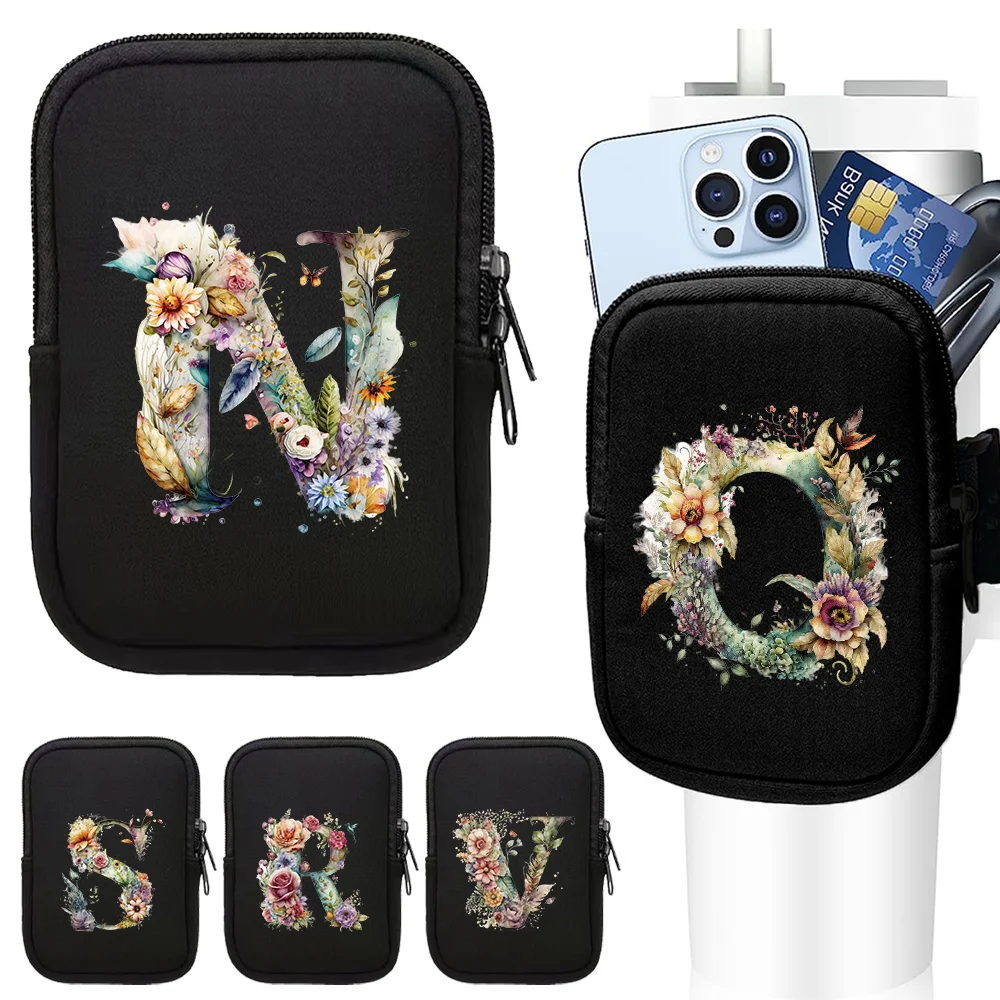 Water Bottle Pouch for Stanley Quencher Adventure 40oz 20oz 30oz, Floral Letter Pattern Tumbler Pouch with Pocket for Cards Keys