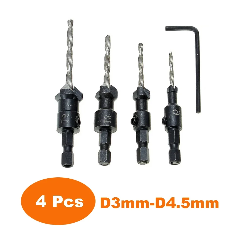 

4Pcs Countersunk Drill Woodworking Drill Bits Set Drilling Pilot Holes for Screw Sizes #6 #10 #13 #16 Cutter Screw Hole Drill