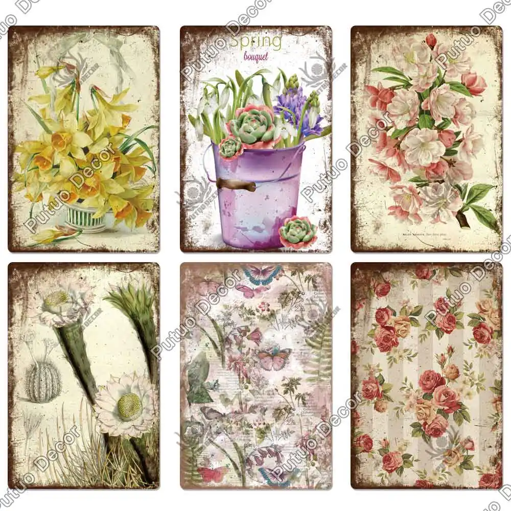 Putuo Decor Flower Vintage Tin Sign Metal Sign Decorative Plaque Garden Living Room Kitchen Club Decor Wall Decoration