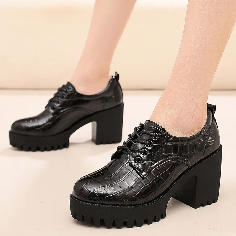 Small Size 32-43 Thick Bottom Soft Leather Oxford Shoes  Women Platform Pumps 2024 Deep Mouth Block High Heels Shoes Office Mom