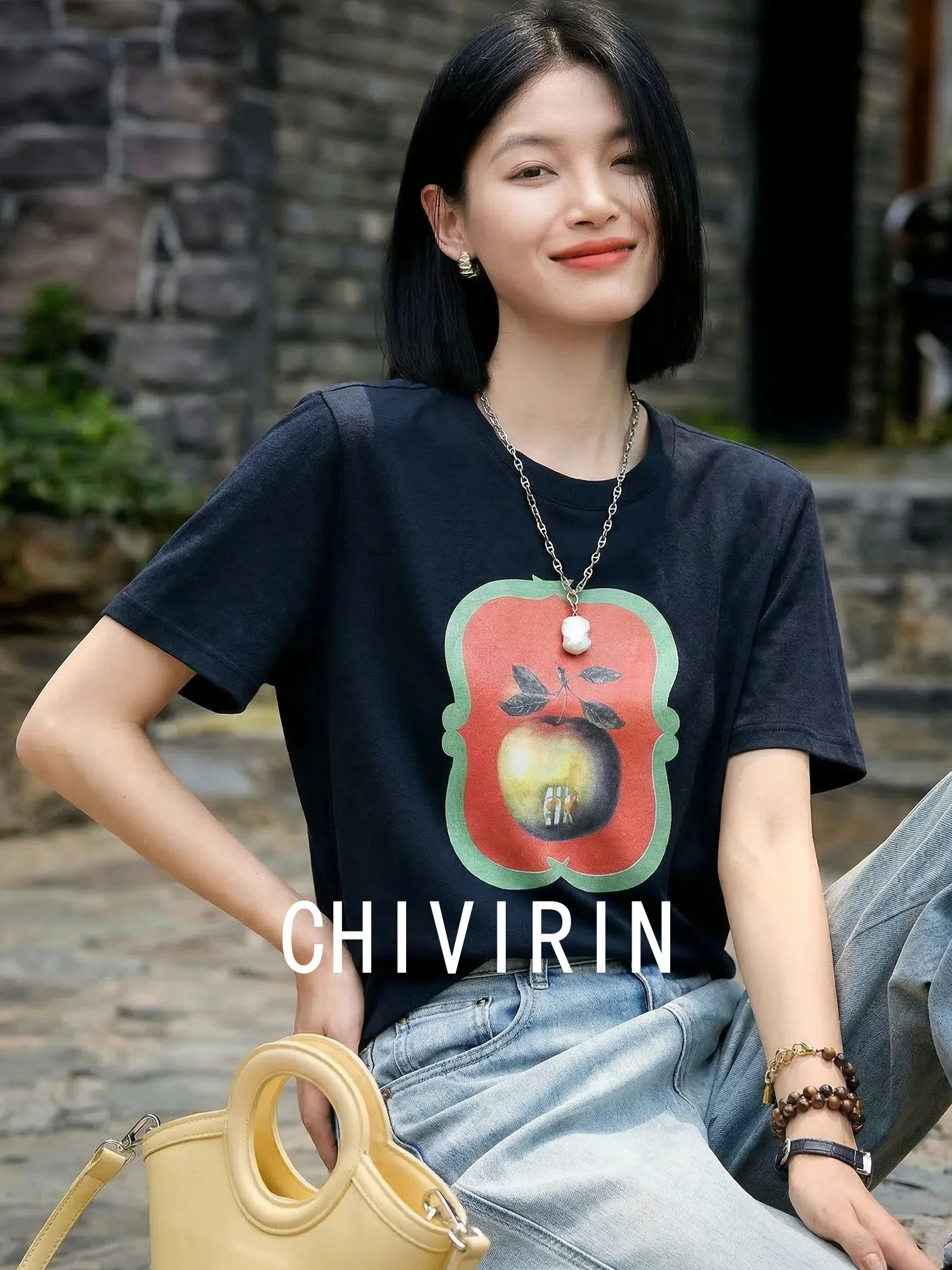 Chivirin Simple Style Cotton Short Sleeve T-Shirt Women's Black round Neck Printed Top Breathable Comfortable Summer Artistic
