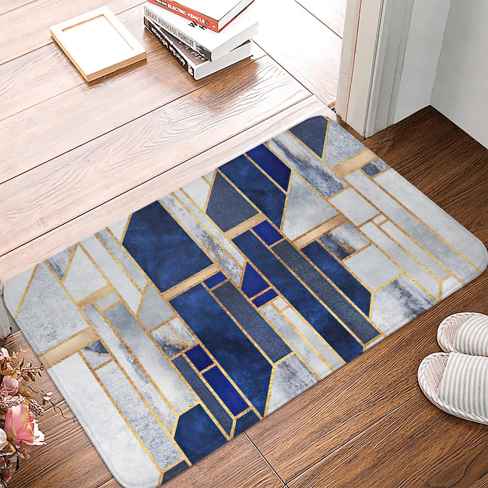 Grey Blue Geometric Pattern Kitchen Entrance Door Mat 40cmx60cm Coral Velvet Carpet Doormat Indoor Floor Mats Anti-Slip Rug