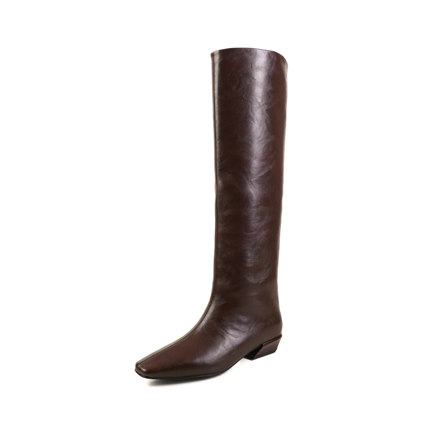 Arden Furtado Autumn Burgundy Cowhide Modern Boots Square Toe Slip-On Middle Heel Knee High Boots Large Size Simple Style Boots