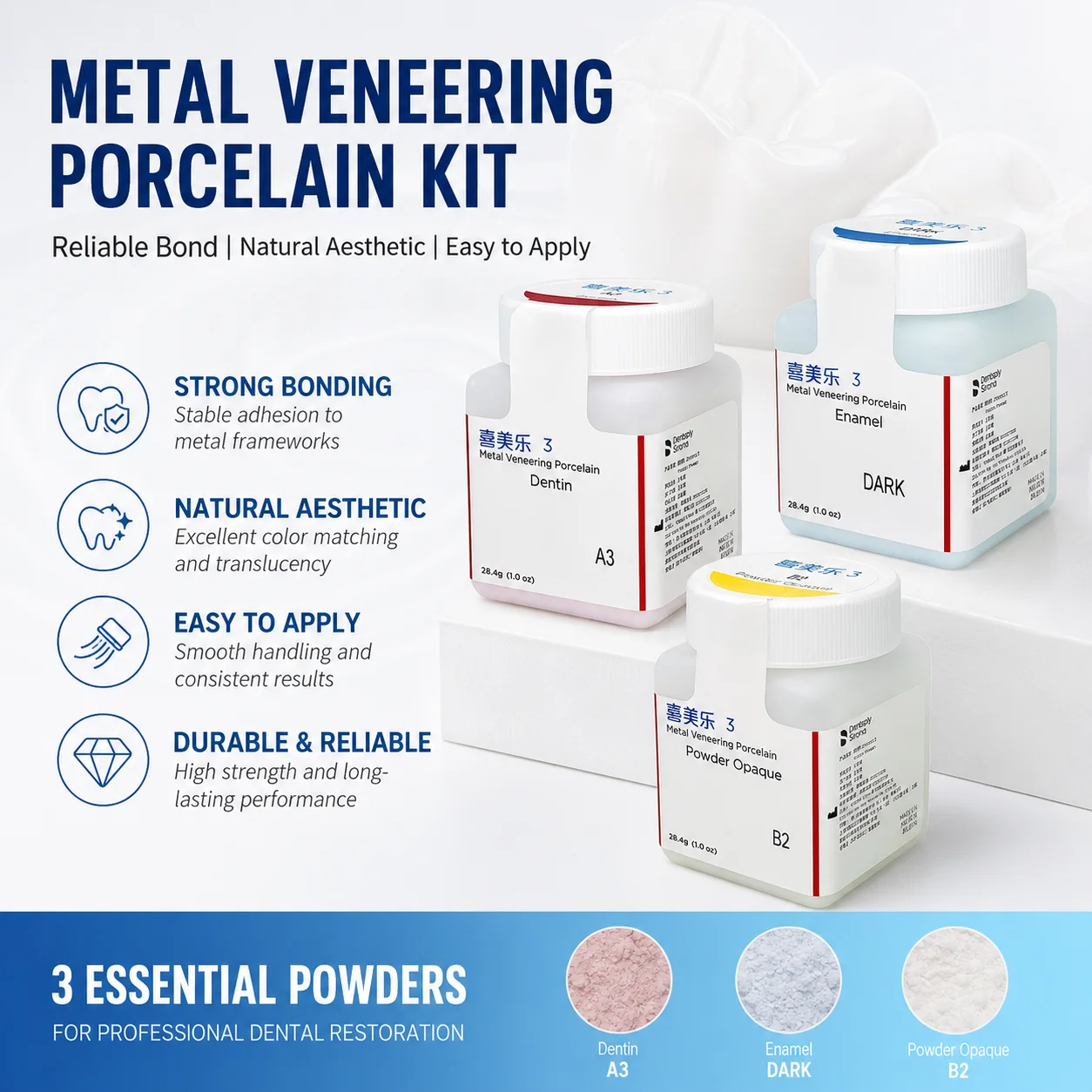 

Ceramco 3 Dentsply Sirona Metal Veneering Porcelain Powder 28.4g, Made in USA, Lab Material for Crown & Bridge