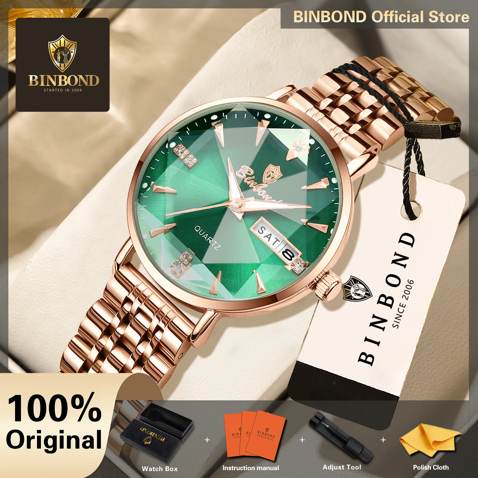 BINBOND Luxury Quartz Watches For Women Precise Luminous Waterproof Ladies Watch Relojesa Prueba De Agua Para Mujer +Gift Box