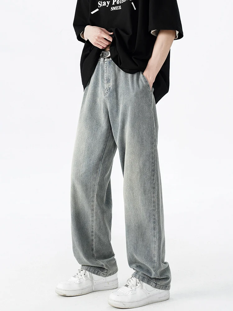 

American Sle Men's Loose Straight Leg Jeans Spring New Faion Brand Casual Long Pants Waed Denim mid Waist Zipper