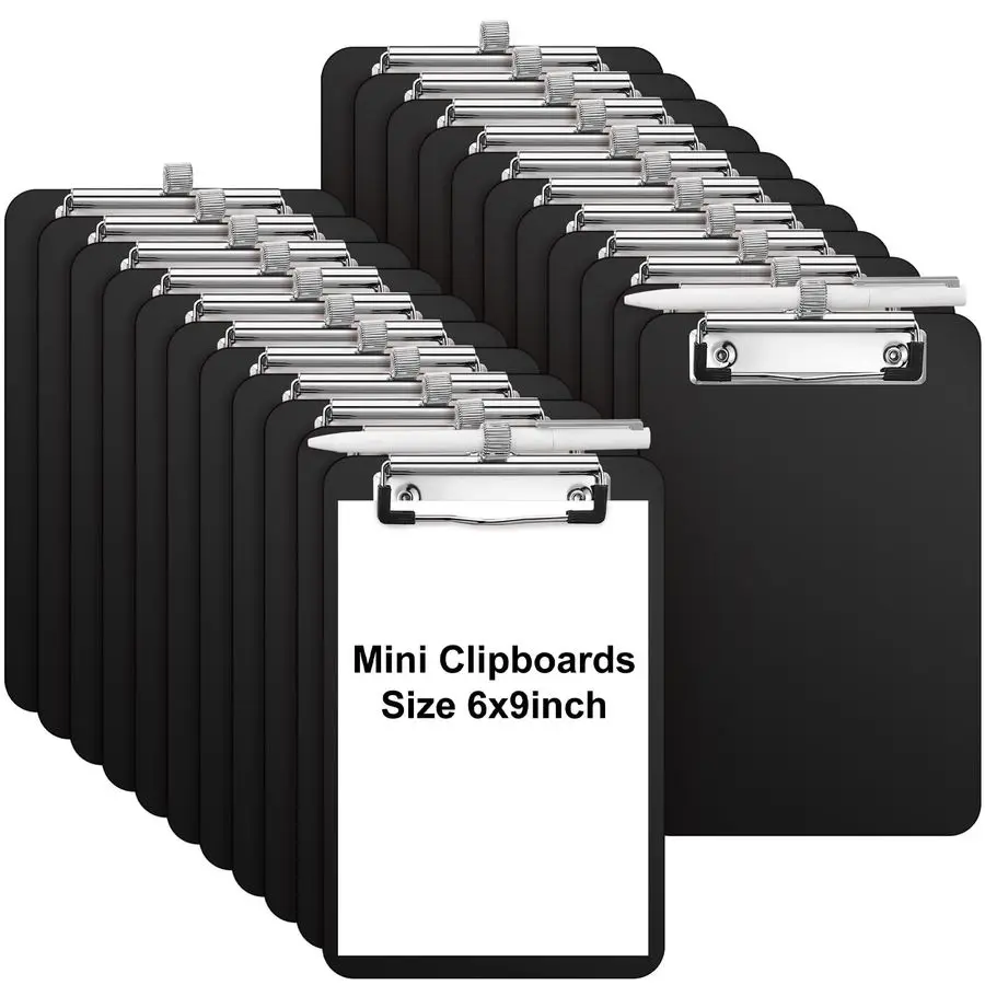

24 Pack Bulk Mini Clipboards with Pen Holder Clip Black A5 Memo Clipboard 6x9 Plastic Check Presenters for Restaurants School Of