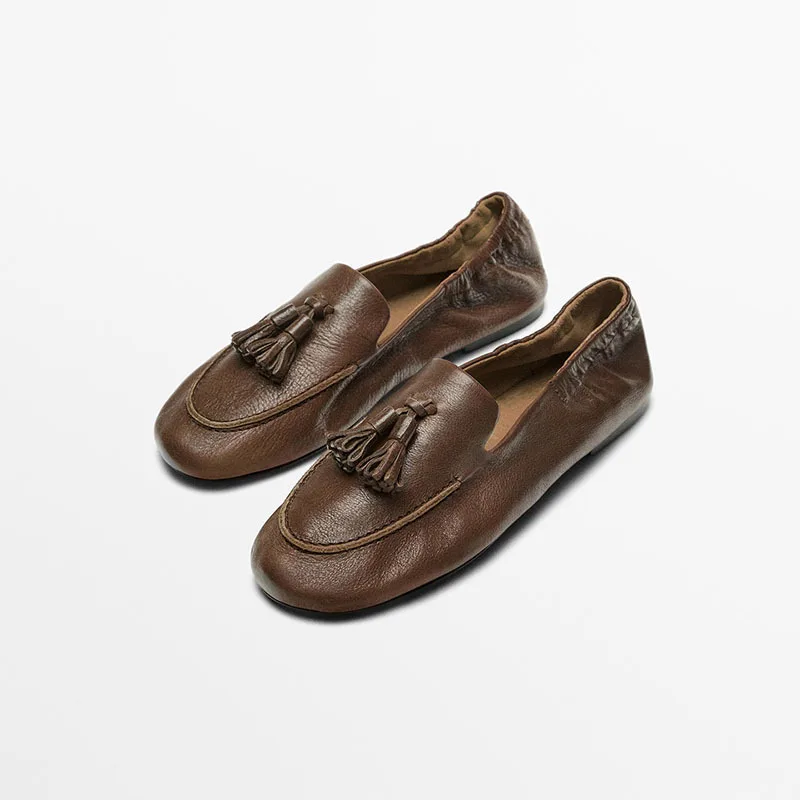 Withered Southern French Minimalist Brown Color Casual Flat Bottomed Tassel Elegant Women's Round Toe Loafers Cowhide Flat Shoes
