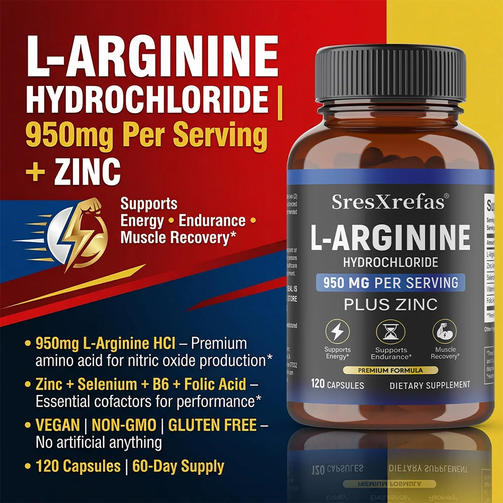 Men's L-Arginine 950mg Capsules - Supports Blood Circulation, Workout Endurance & Muscle Growth Mercury for Adult, 120 Capsules
