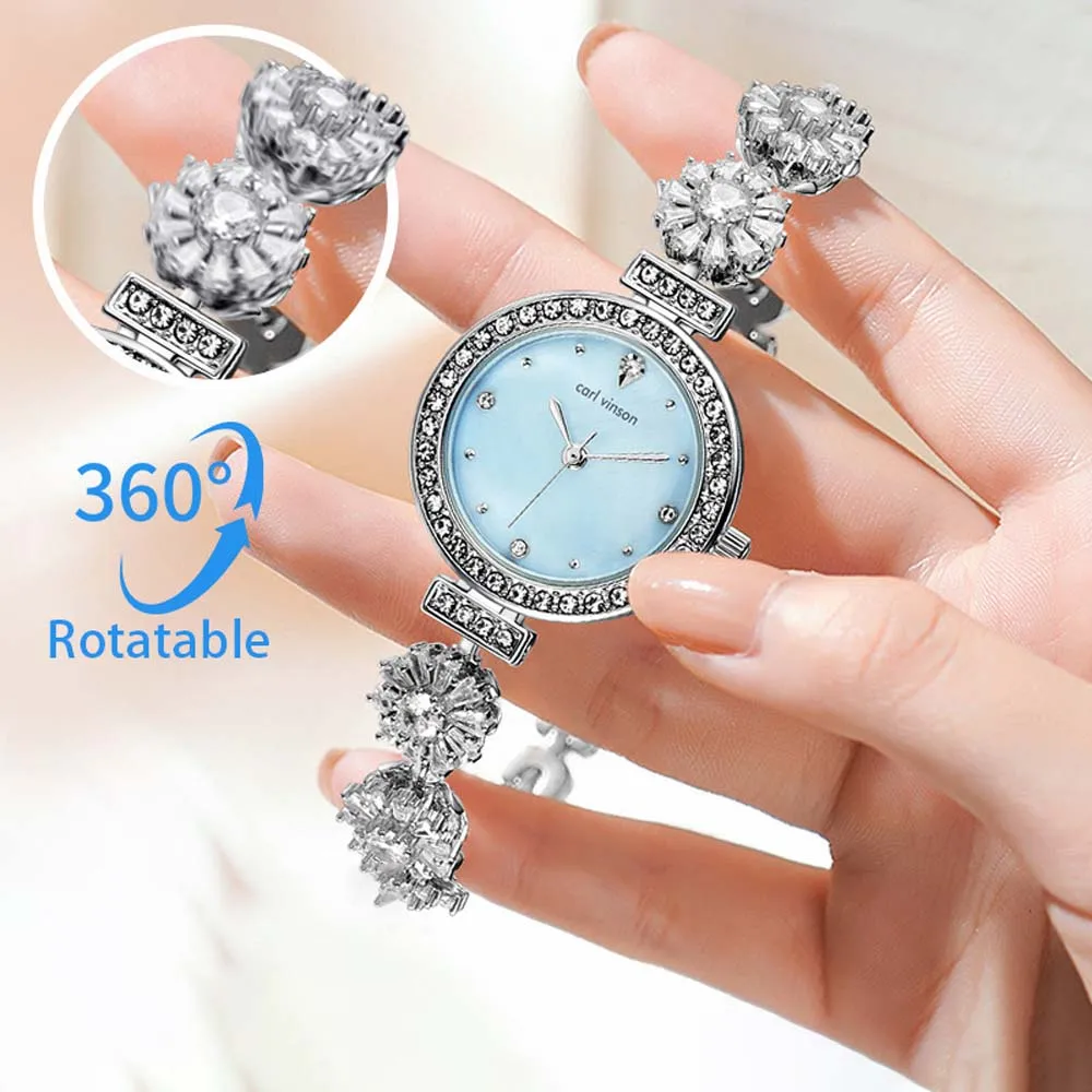 Luxury 2026 Women Quartz Watch Colorful Natural Mother-of-Pearl Dial with Rotate Sunflower Bracelet High Quality Diamond Clock