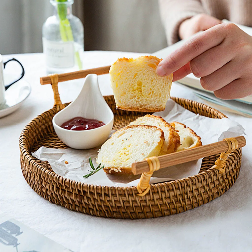 

Portable Rattan Picnic Basket Handwoven Round Food Storage Tray for Snacks Desserts Drink Carrier Woven Fruit Basket Solution