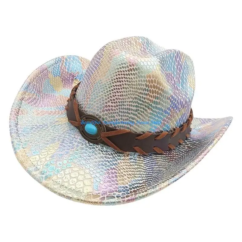 

E56A Turquoises PU Ribbon Cowgirl Hat Fashion Music Festival Hat Cosplay Party Props