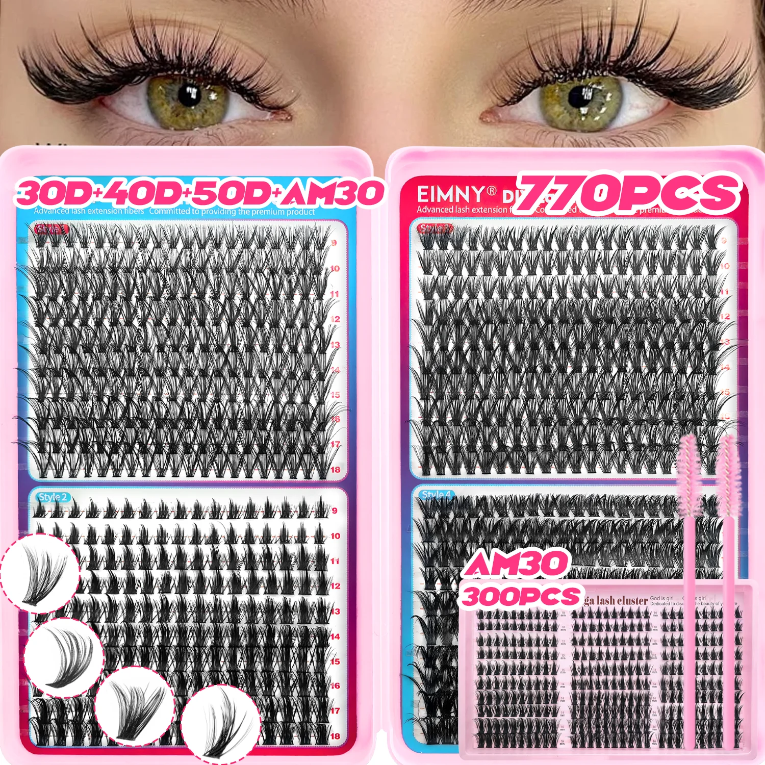 EIMNY 300/770 Stück Einzelne Cluster-Wimpernverlängerungen 30D 40D 50D & AM30 Gemischte Volumen-Wimpern Ultra Weich, Leicht & Wiederverwendbar