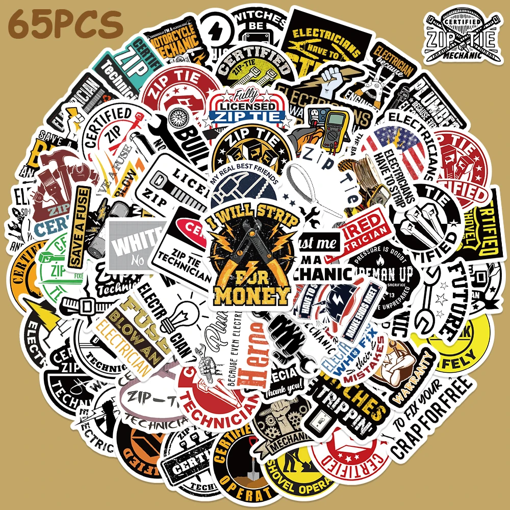 65pcs Zipper Certification Funny Technician Mechanic Electrician Stickers For Laptop Luggage Skateboard Bicycle Cars Stickers