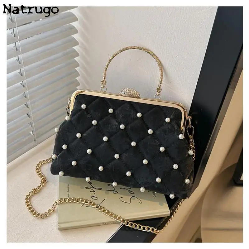 Elegant Velvet Female Pearl Handbag Vintage 2024 New Fashion Cocktail Party Evening Bag Wedding Party Bride Clutch Bag Purse