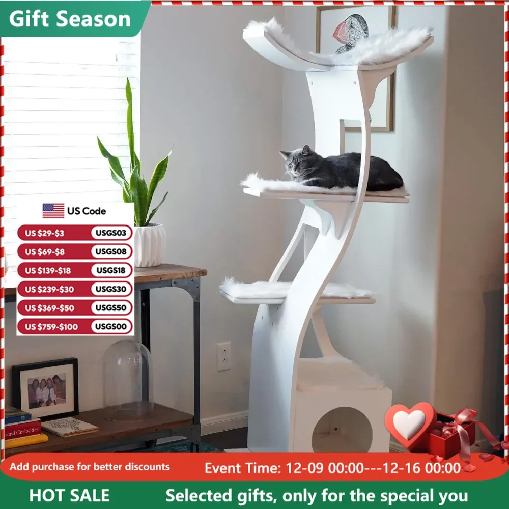 Lotus Cat Tower, Multi-Level Modern Cat Tree for Indoor Cats with Scratching Post, Climbing Cat Condo with Cushioned Cubby