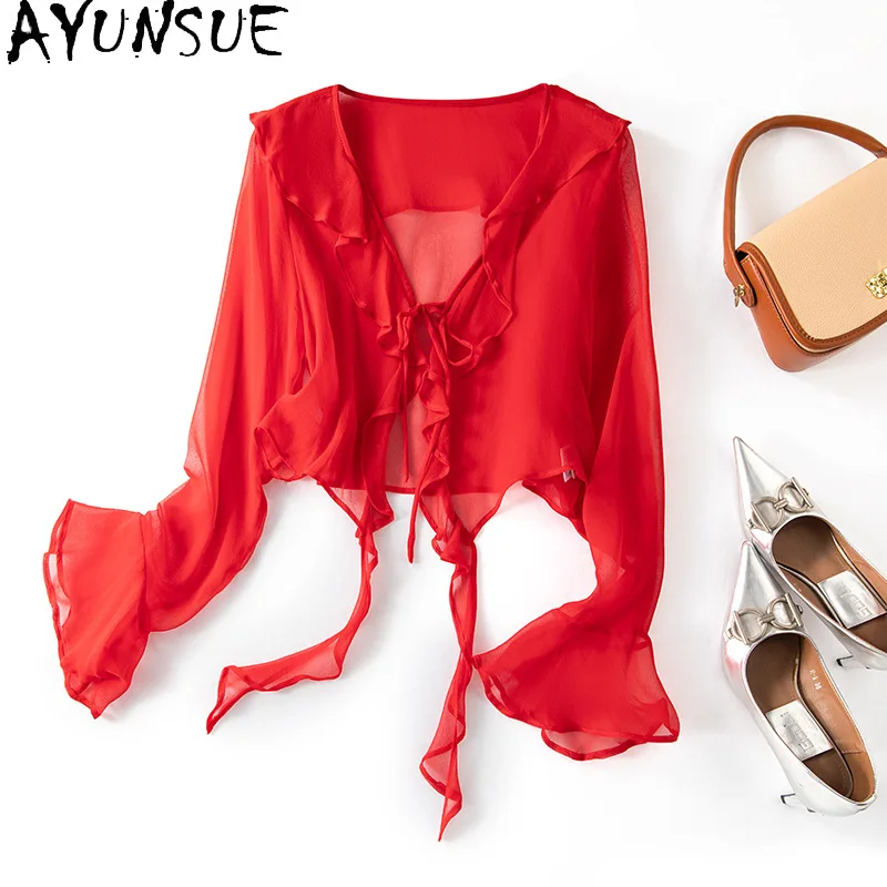 AYUNSUE 100% Silk Sunscreen Clothes for Woman Stylish Long Sleeve Tops Summer Lace-up Cardigan Woman Clothing High Quality Ropa