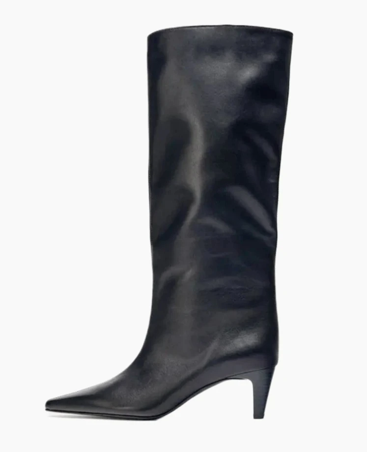 

Брендовые дизайнерские черные сапоги до колена из мягкой кожи из искусственной кожи, женские сексуальные современные длинные сапоги с острым носком на массивном каблуке, удобные зимние туфли на каблуке