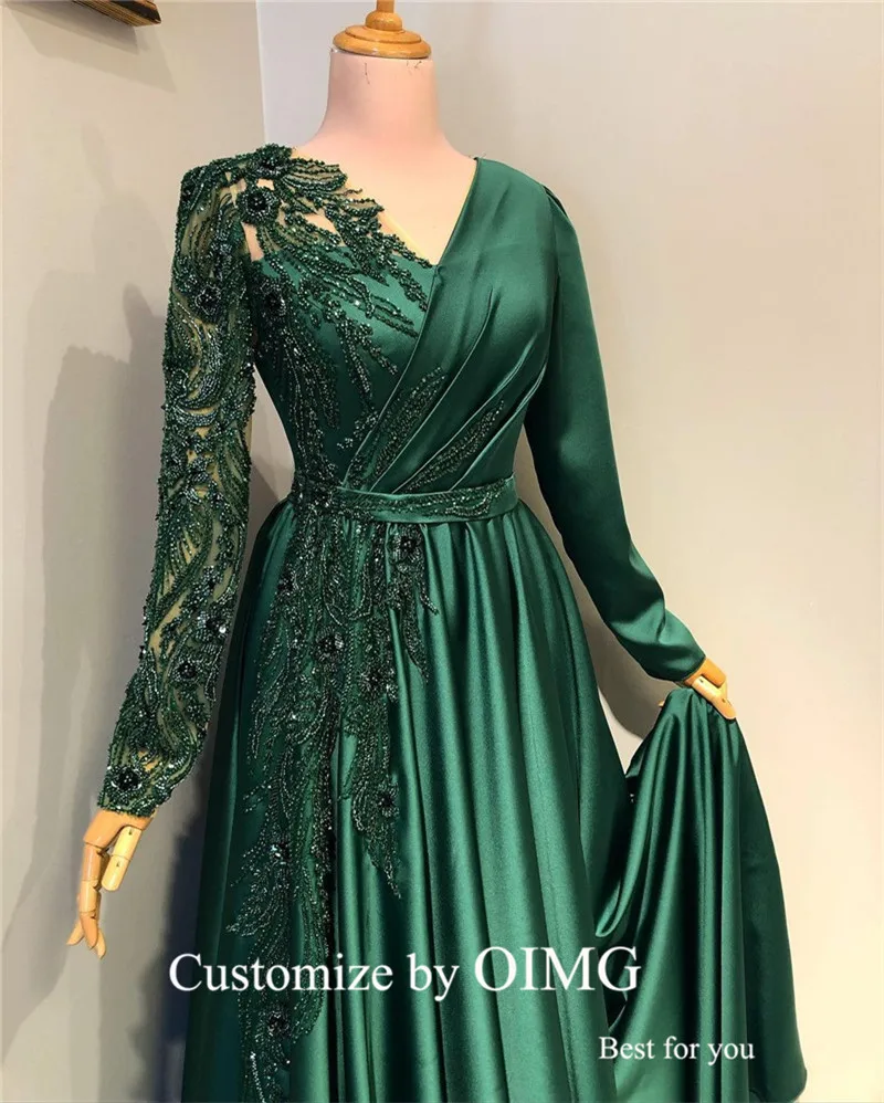 OLOEY Emerald Green Satin Dubai Arabic Evening Dresses Glitter Lace Satin Pleats V Neck Formal Prom Gowns Vestido de noche