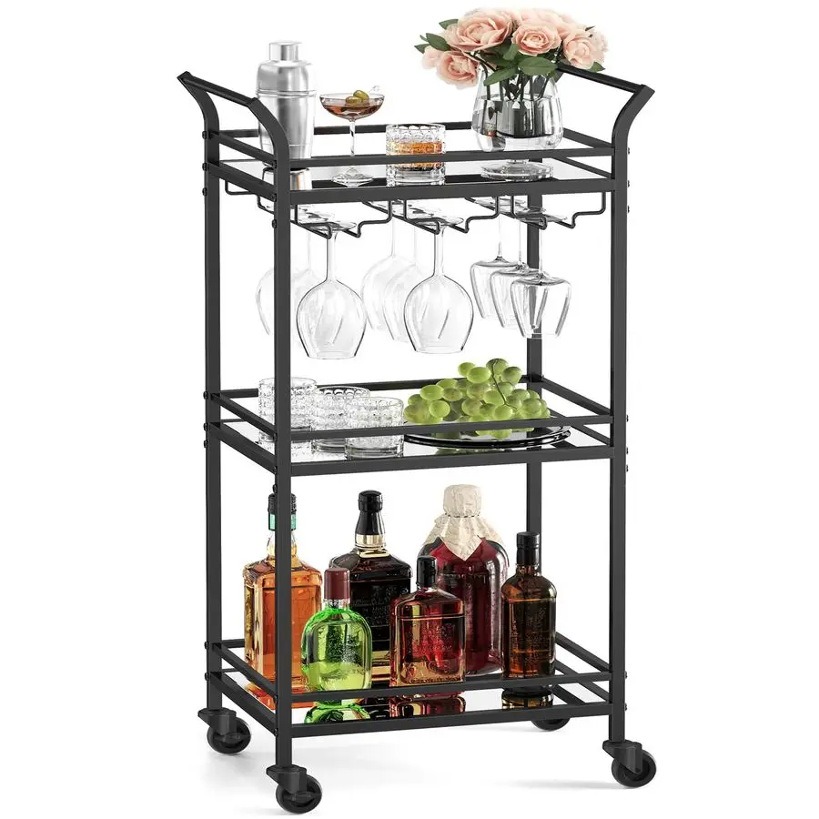 

Bar Cart, Home Bar Serving Cart, Small Bar Serving Cart with 3Tier Shelf, Wine Holders, Glass Holders, Mini Bar Cart for Small S