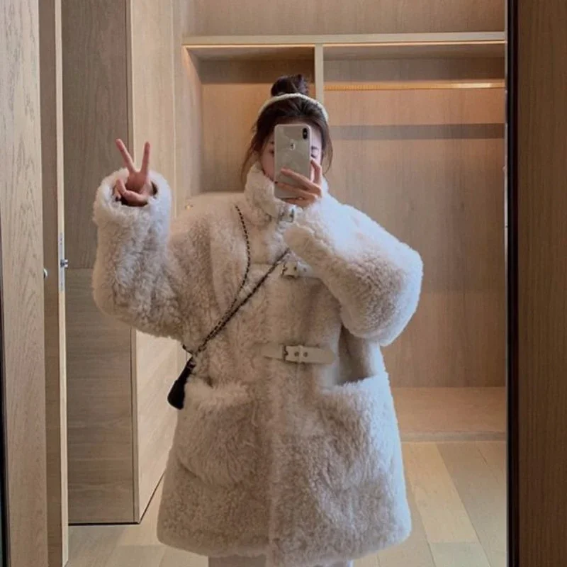 Thick Winter Lambwool Faux Fur Jackets Loose Warm Mid-length Coats Elegant Korean Plush Chaquetas Women Luxury Furry Overcoat