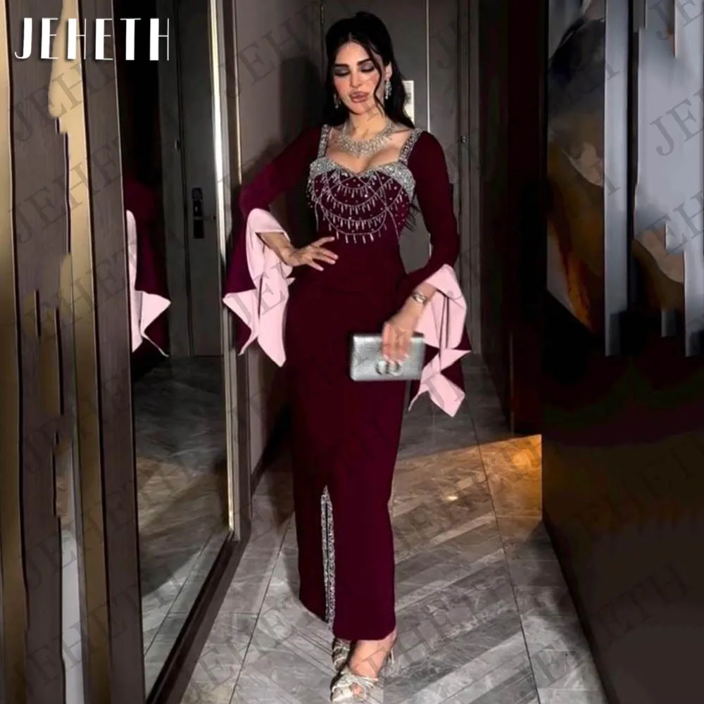 JEHETH Luxury Mermaid Dubai Evening Dresses Woman Burgundy Saudi Arabic Long Sleeves Beaded Split Formal Celebrity Occasion Gown