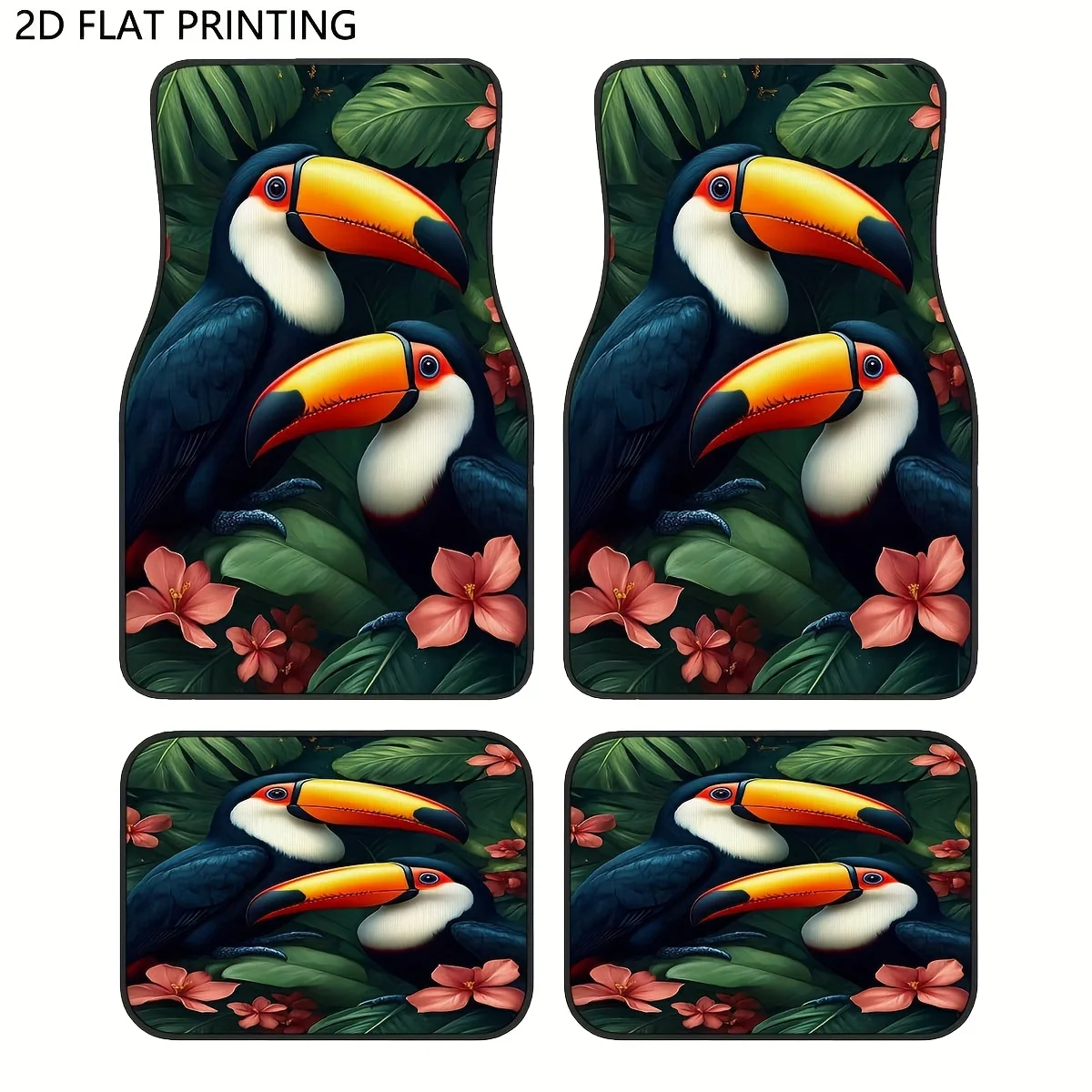 

Набор из 4 автомобильных ковриков с изображением тропического тукана и джунглей, подходящий для всех сезонов, предназначенный для украшения салона автомобиля.