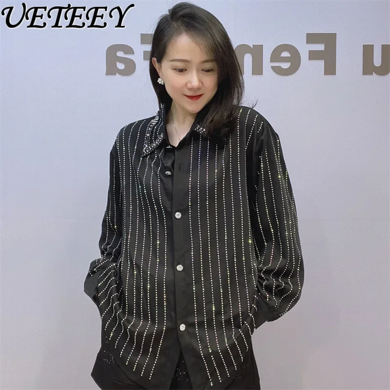 

Spring and Summer New Black Shirt Commuter Rhinestone Shiny Blouse Casual Fashion Temperament Lapel Long Sleeve Shirt Women Tops