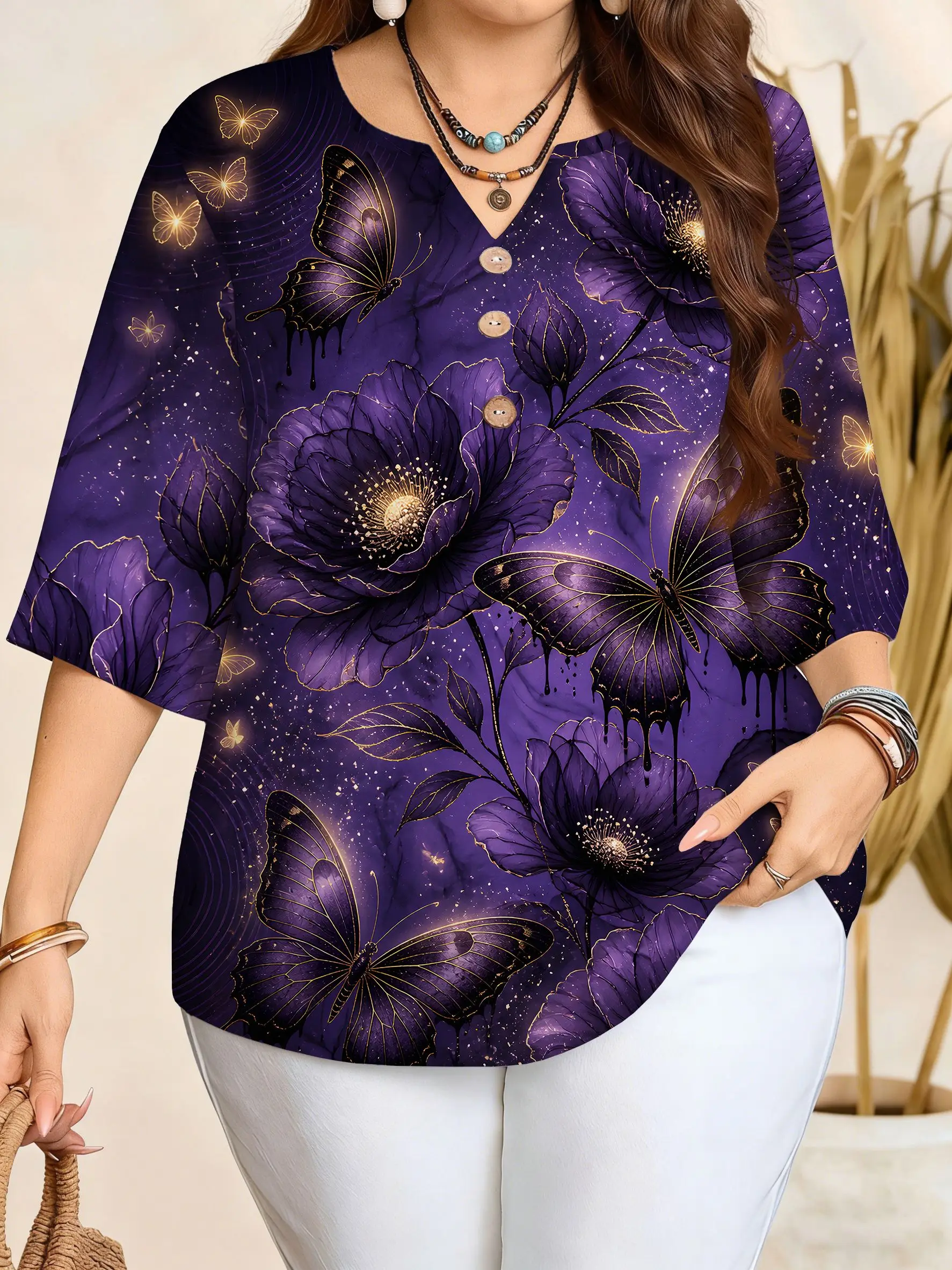 Plus Size Women 3/4 Sleeve V‑Neck Blouse Button Ethnic Geometric Butterfly Floral Marble Sakura Mandala Stained‑Glass Leaf  Tops