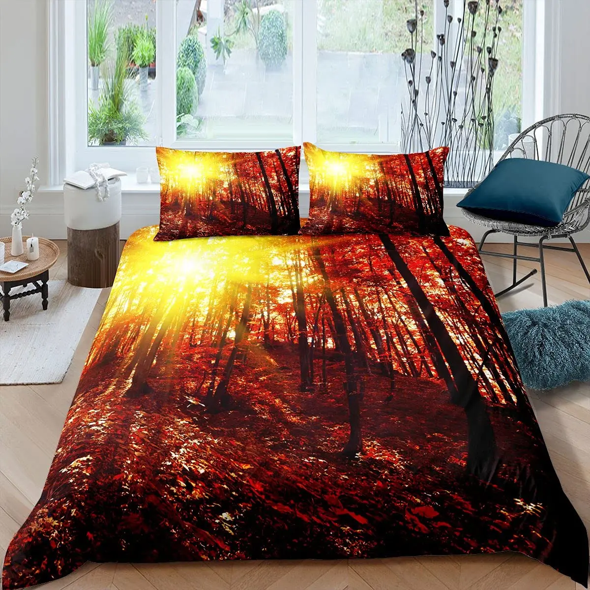 

Autumn Duvet Cover Set Fallen Leaves Red Maple Leaf Nature Bedding Set Sunshine Tree Woods Natural King Quilt Cover